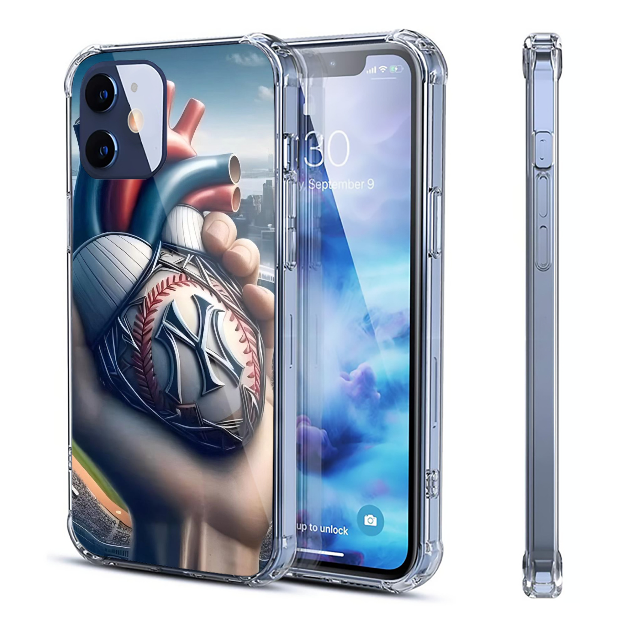 New York Yankees Heart Clear IPhone 12 Case – Soft TPU With UV Print – Enhanced Drop Protection, Precise Fit, Anti-Fingerprint, Customizable Design, Scratch-Resistant, Yellow-Resistant